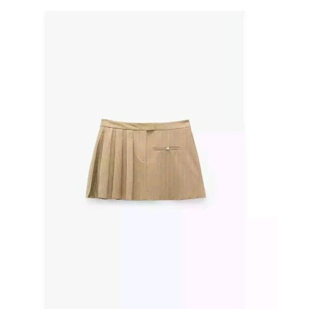 ZARA pinstripe box pleat skirt 3067/003 Sz LARGE BEIGE 18"waist - Picture 2 of 4